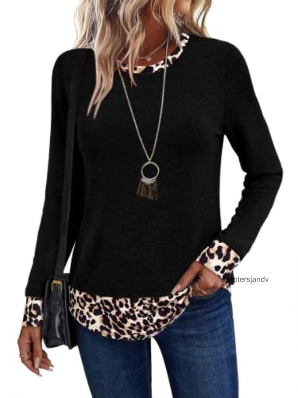 Womens Long Sleeve Lightweight Knit Tunic Top Leopard Hem